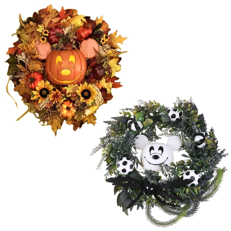 

H051 Fall Door Garland Hanger Autumn Maple Leaves Pumpkin Mickey Wreath for Thanksgiving Day Halloween Decorations Front Door