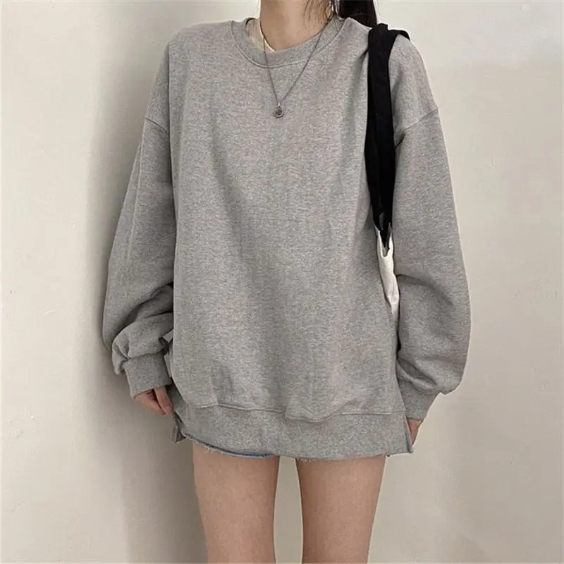 

FORYUNSHES Woman Oversize Pullovers Loose Casual Solid Pink Sweatshirts Fashion Split Tops Korean Harajuku Clothes 2021 Spring