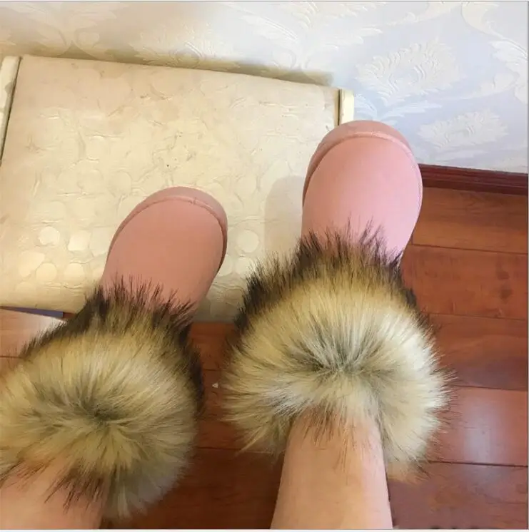2019 Fashion Girls Cow Suede Leather Fox Fur Women Short Winter boots for Ankle Snow Boots Keep Warm Shoes Black Brown | Обувь