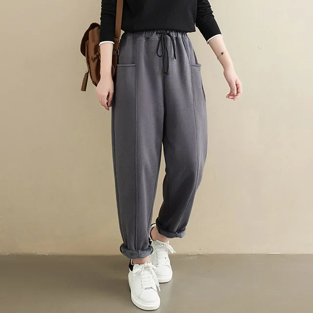 

Women's winter plush, thick knitted knickerbockers, high elastic waist pants, loose cotton street wear, warm pants, large size p