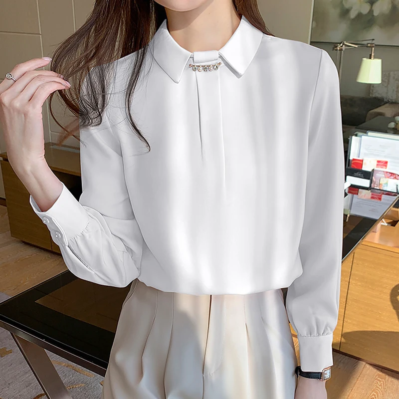

Women's shirt spring 2021 new sweet pink white pleated coat lightly cooked style beaded ladies chiffon shirt