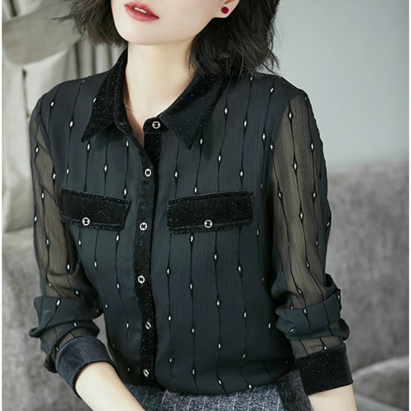 Женские шифоновые блузки и топы в полоску с карманами стиле пэчворк женские