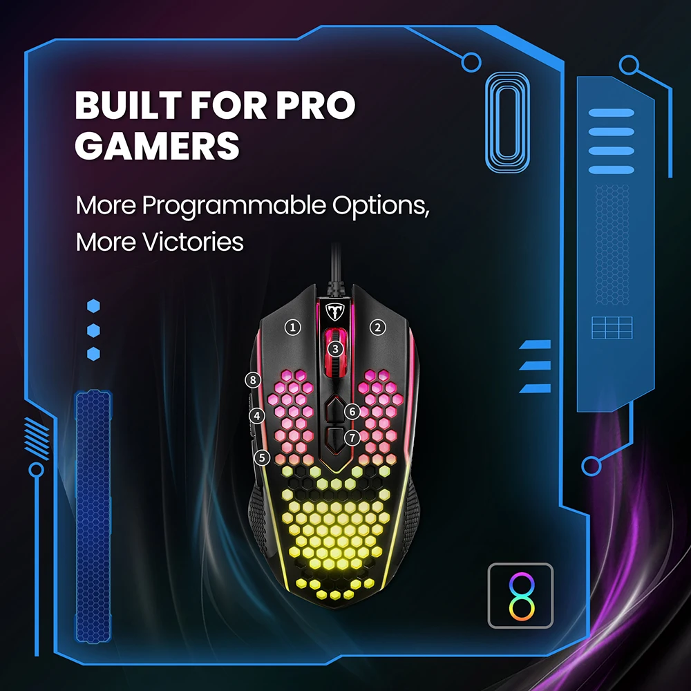 Игровая мышь PICTEK PC312 проводная с RGB-подсветкой 8000DPI регулируемая 8 программируемых
