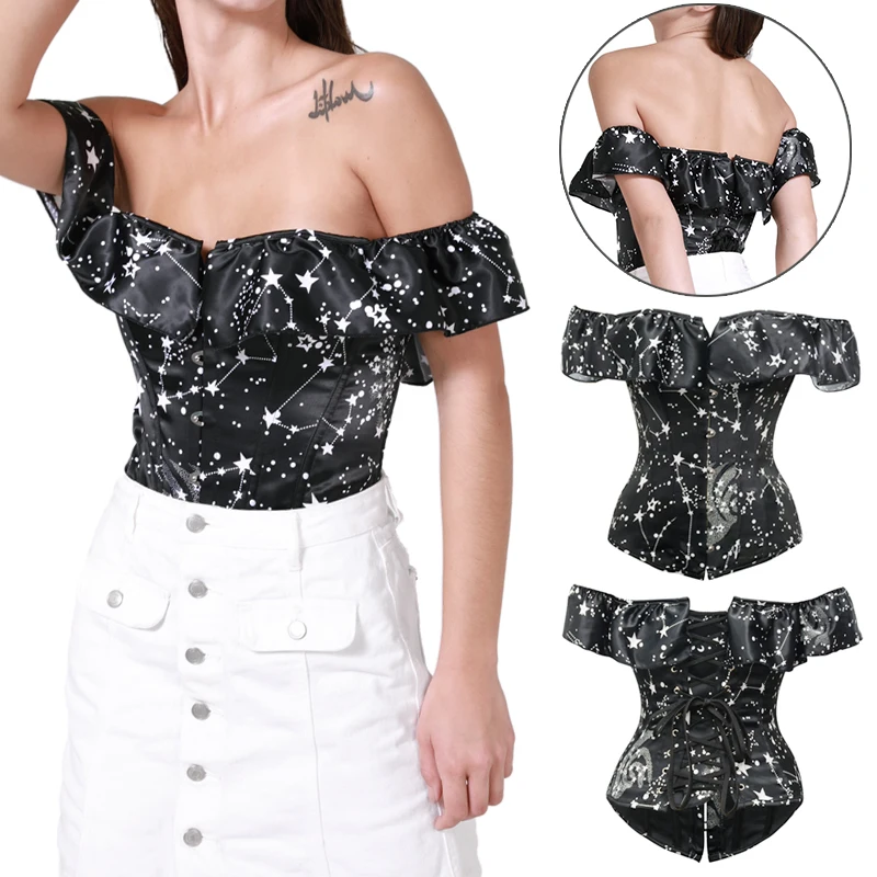 

Corset Gothic Bustier Burlesque Tops Astronomy Pattern Gorset Steampunk 14 Steel Bone Corselet Body Shaper Tummy Slimming Sheath