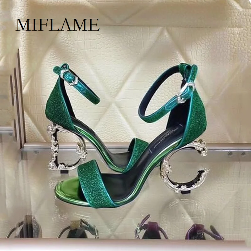 

Sexy Womens Real Leather High Heeled Heels Summer Bling Bling Irregular Gold Heeled Sandals Lady Sequins Luxury Party Sandals