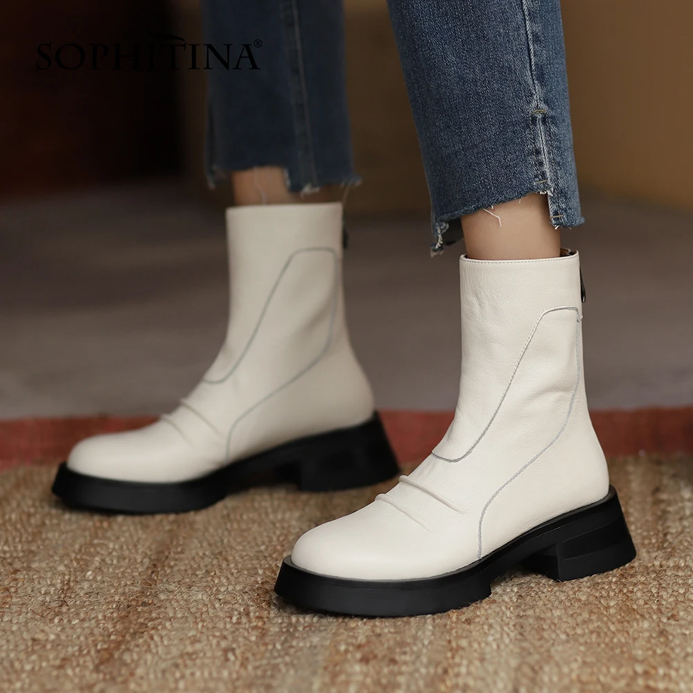 

SOPHITINA Women Boots High Quality Spring/Autumn Warm Pleated Round Toe Shoes Zipper Heel Genuine Leather Female Boots New WO743