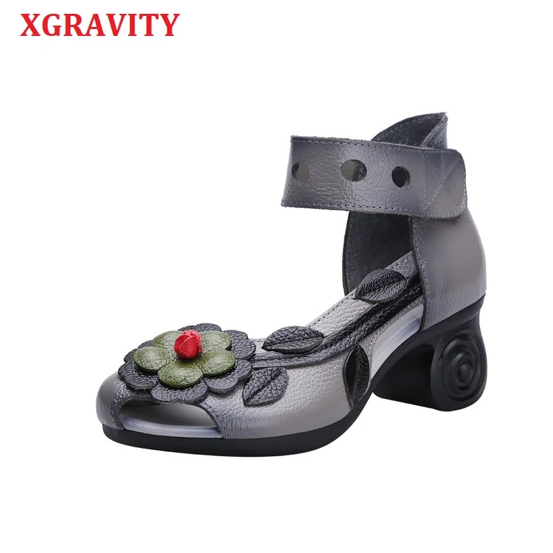 

Сандалии XGRAVITY женские в этническом стиле, элегантные модные туфли из натуральной кожи на высоком массивном каблуке, туфли-лодочки с цветами, B261, лето