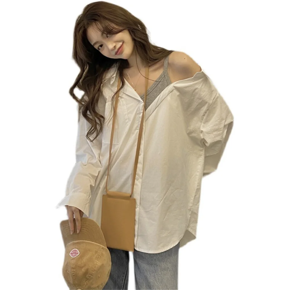 

2021 spring and summer new fake two-piece suit soft wind wild off-shoulder loose long-sleeved shirt bottoming shirt women