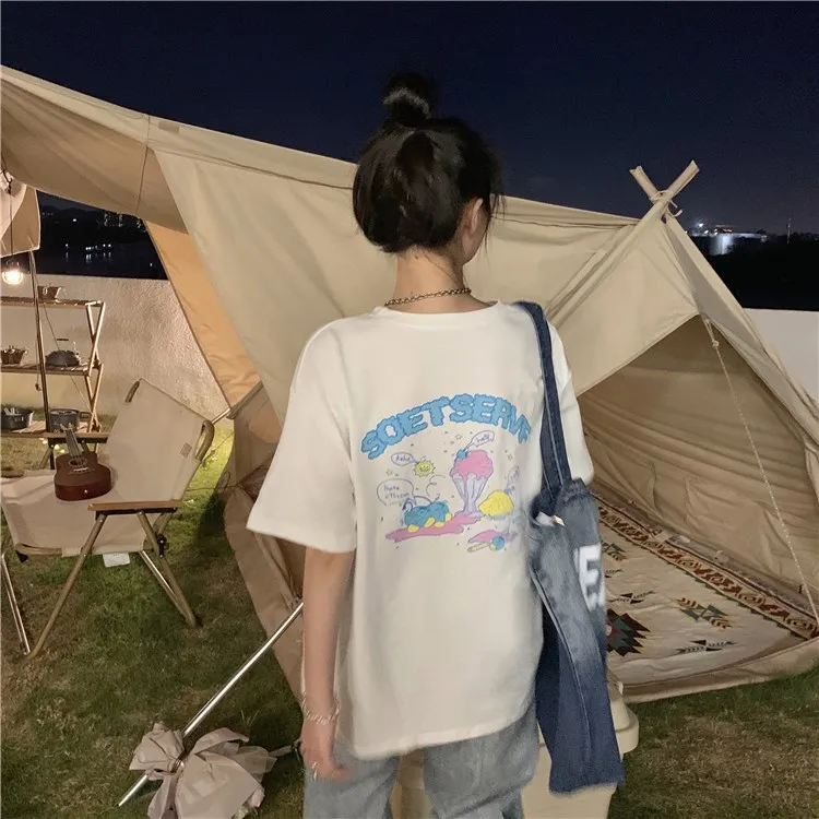 

YTX1569 2021 Korean version loose short-sleeved print cherry age reduction white T-shirt women