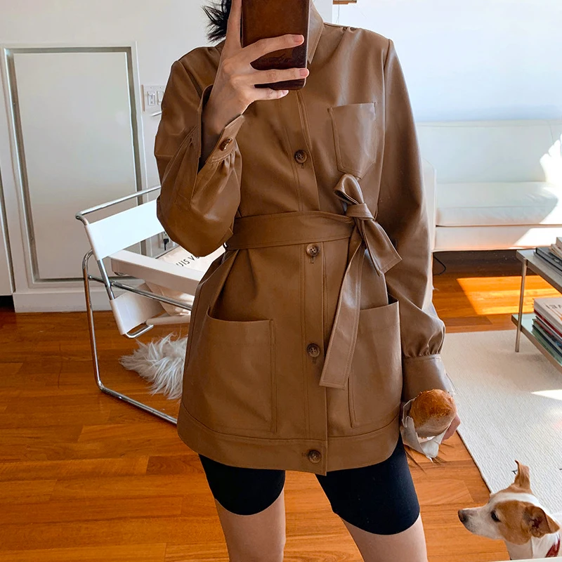 Повседневное женское длинное кожаное пальто повседневная женская кожаная