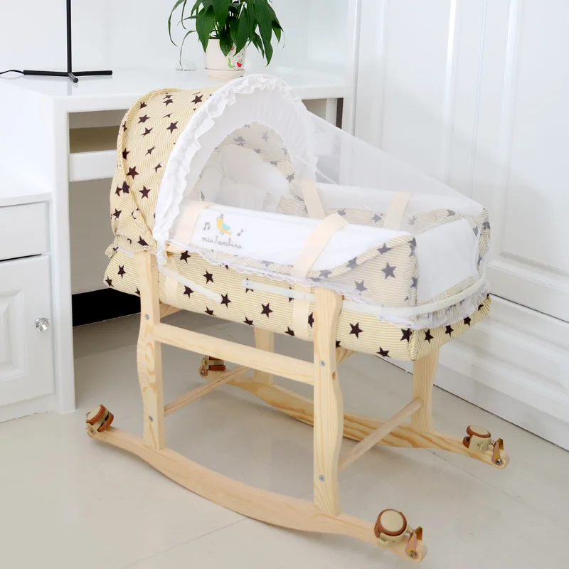 Portable Baby Crib Infant Cradle  Bed Sleeping Basket Bed with Mosquito Net Wooden Frame Wheel  0-24month