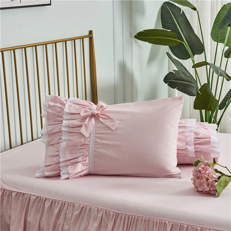 

Free shipping cotton Korean princess ruffles lace cake layer pink embroidery bedding set twin full queen king size bed skirt YYX