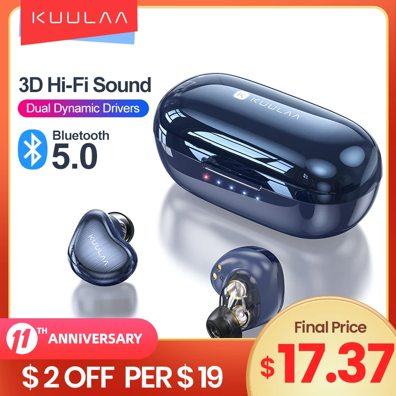 

KUULAA TWS Double Horn Bluetooth Earphones, Fingerprint Touch HD Stereo Wireless Headphones,Noise Cancelling Gaming Headset