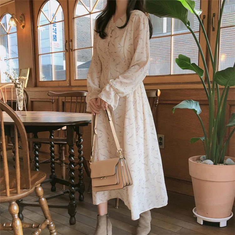 

2021 Women Printed Floral V-Neck Dress New Summer Elegant Elastic Waist High New Fashion Puff Sleeve Chiffon Dresses Fall Female