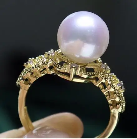 

9-10mm Round natural Freshwater pearl zircon crystal rings ring Jewellery