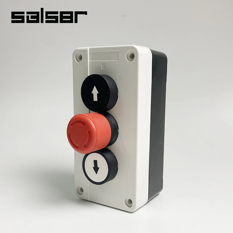 

UP/DOWN Arrows With Emergency Stop 3P Hoist Roller Door Lorry Tail Lift Double Insulated 2 N/O Contacts Push Button Switch Box