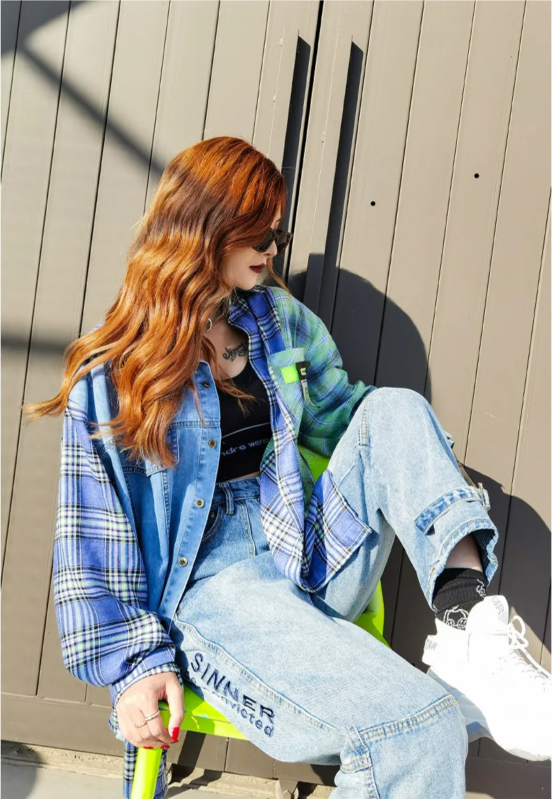 

Women Pure Cotton Denim Plaid Shirt Loose Casual Splicing Street Aesthetic Korea Denim Shirt Woman Spring Autumn Fashion Clothes