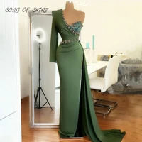 elegant green one shoulder evening dresses luxury crystal high split formal party gown mermaid women dress robe de soir%c3%a9e femme