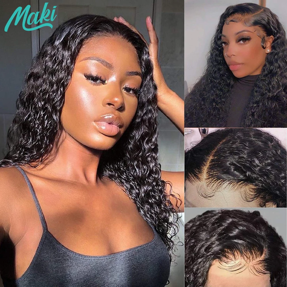 

MAKI Long Kinky Curly Wig 13x4 Lace Front Wig Frontal Human Hair Wigs With Baby Hair Jerry Curly Remy Pre Plucked 180% Density