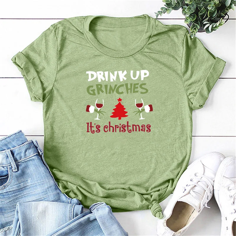 Drink Up Grinches It's Christmas T-Shirt Women Printed Fashion Funny Christmas Clothes Harajuku Graphic Tee Short Sleeve Tops images - 6