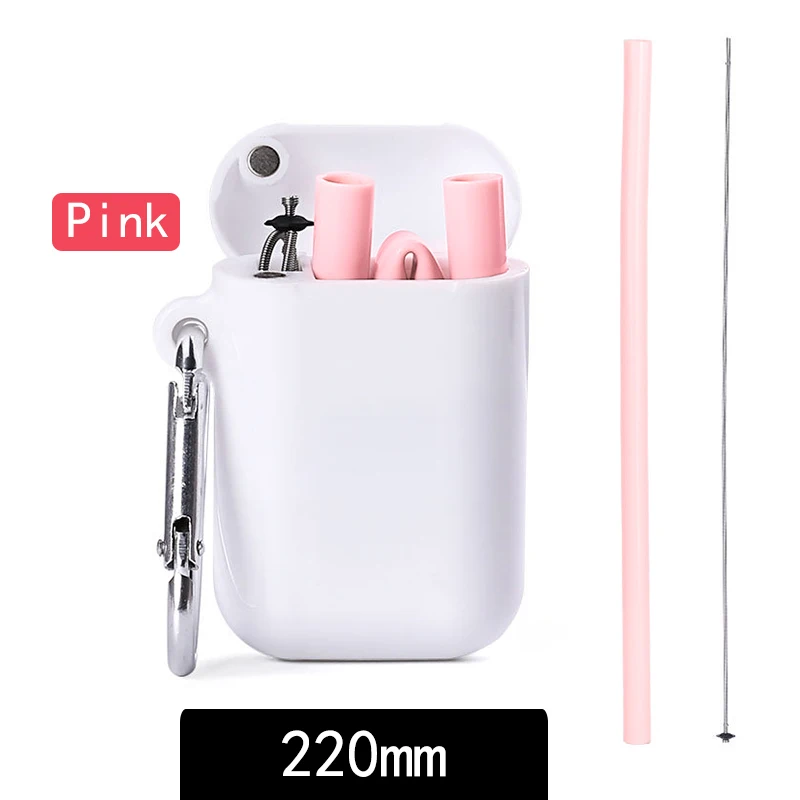 220mm pink Портативные складные соломинки для питья, аксессуары для бара, многоразовые силиконовые соломинки для вечерние, для офиса, путешествий, с щеткой для чистки, чехол - Цвет: 220mm pink