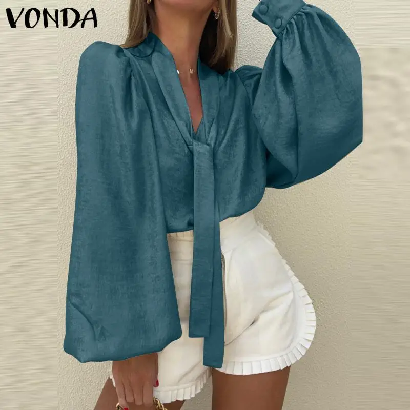 

Long Sleeve Lace-up Shirts 2022 VONDA Autumn Women Lantern Sleeve V-Neck Party Tops Casual Blouse Office Ladies Blusas Femininas