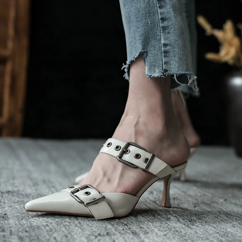 

Womens Trendy Pointy Toe Buckle Strap Mules Mid Heels Slippers Slides Shoes K74