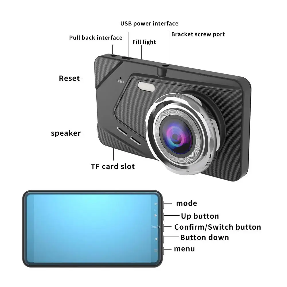 

4-inch Screen 1080P Dual-mirror Car Driving DVR Parking Monitoring 170 Wide-angle Driving Recorder Support Reversing Image