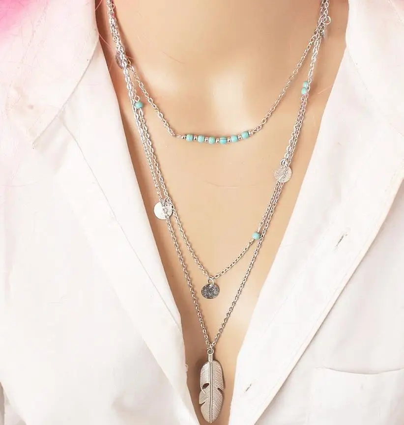 

1PCS Fashion Green bead Sequins Multi Layer long Necklaces Pendant Bohemian Pendant Necklace for Women Jewelry Accessories