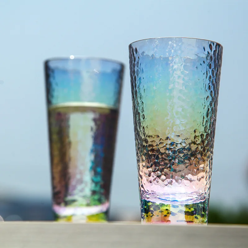 

6pcs creative rainbow cup hammered glass magic cup colorful water tumbler colorful wine cup juice glass drink mug goblet vase