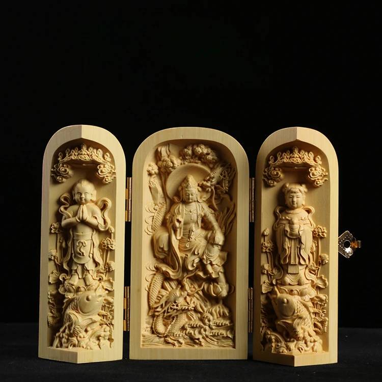 Скульптура Будды из самшита резьба три западных Сага Guanyin деревянная Будда Shrine Fu