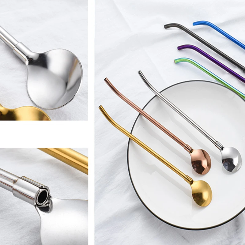 

Stainless Steel Long Metal Drinking Straw Spoon with Cleaning Brush Tea Coffee Bar Kitchen Party Drink Accessories