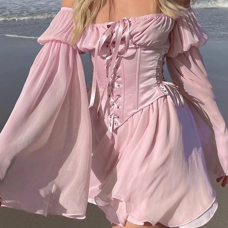 

Женское повседневное шифоновое платье с длинным рукавом, модное однотонное Сетчатое свободное короткое платье с вырезом лодочкой, розовое/...