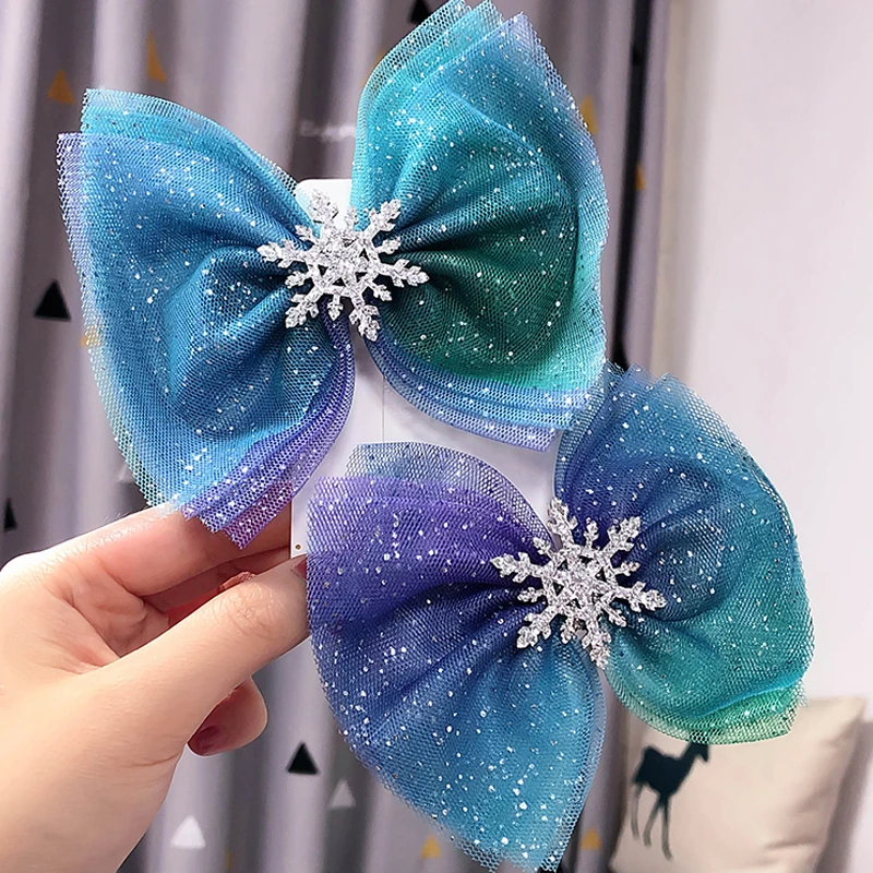Голубая Блестящая лента с бантом для девочек заколки волос рождественскими