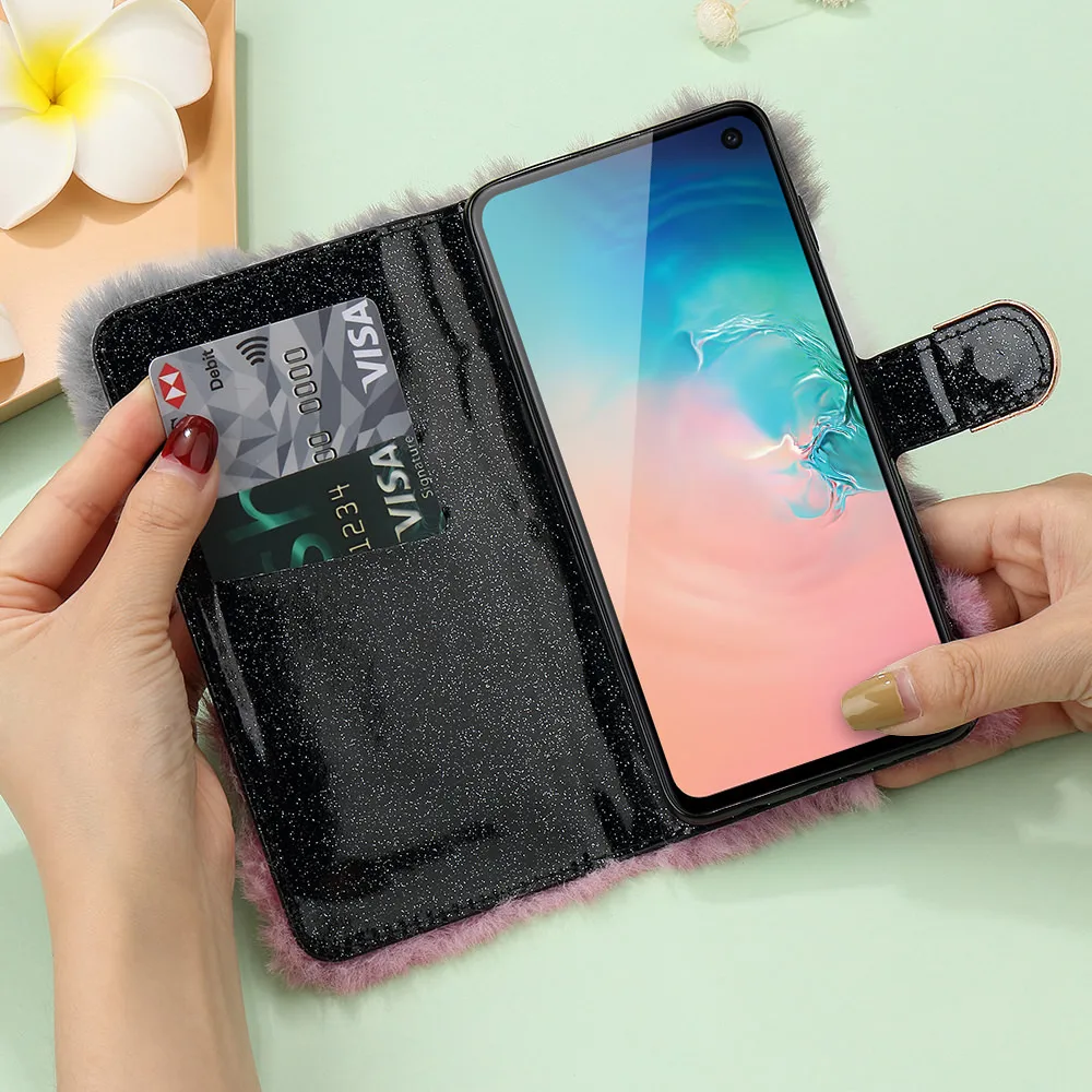 L-FADNUT Роскошный милый меховой пушистый чехол-кошелек для samsung Galaxy S10e Note 9 S9 Plus S8 Note 10 Plus 5G S7 edge мягкое кожанное покрытие