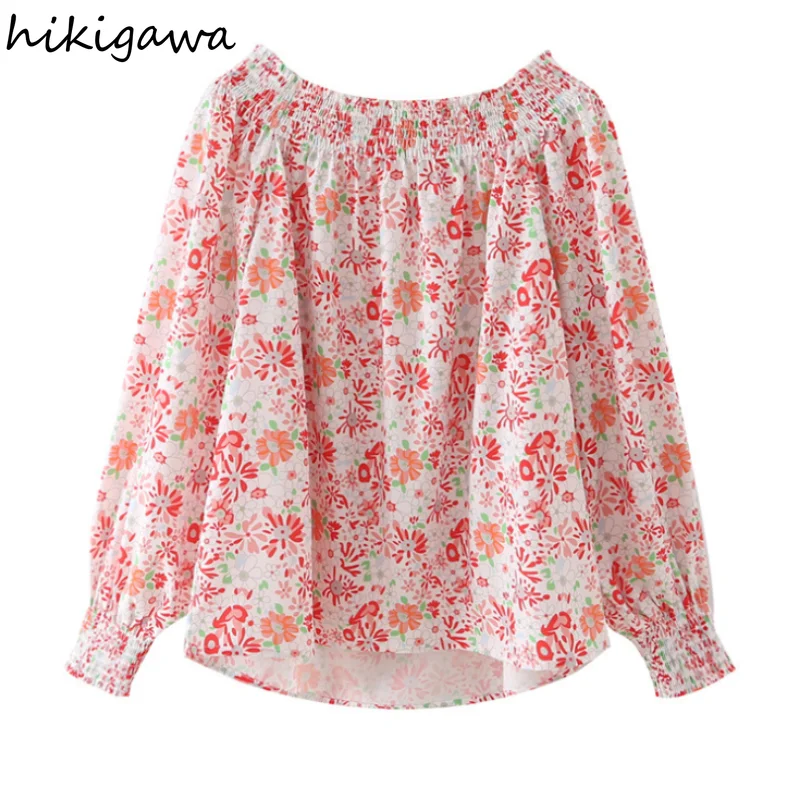 

Блузка Hikigawa женская с воротником-лодочкой, модная рубашка с длинным рукавом, повседневный Свободный пуловер с принтом, милая офисная рубашк...
