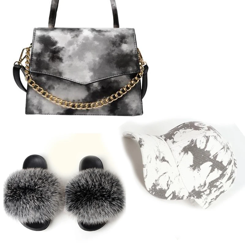 

Real Fox Fur Slides And Baseball Cap Purses Matching Women's Shoes Colorful Designer Hat And Fashion Furry Slippers With Bags