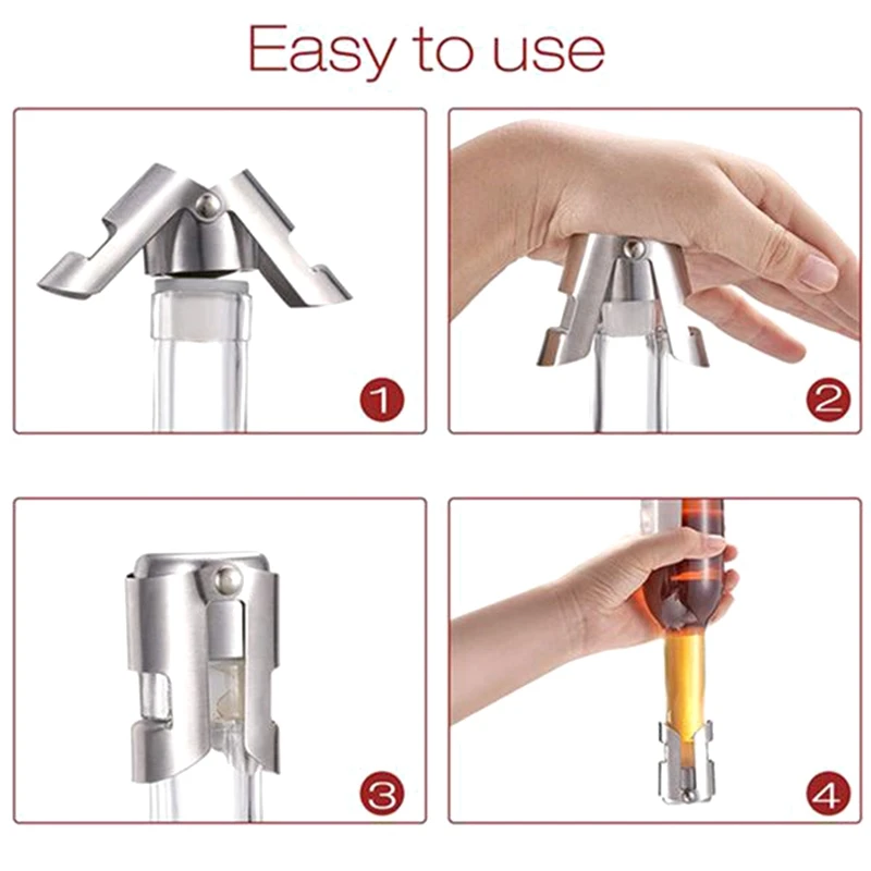4 Pcs Champagne Stopper with Long Sealing Plug Stainless Steel Silver Bottle | Bar Tools