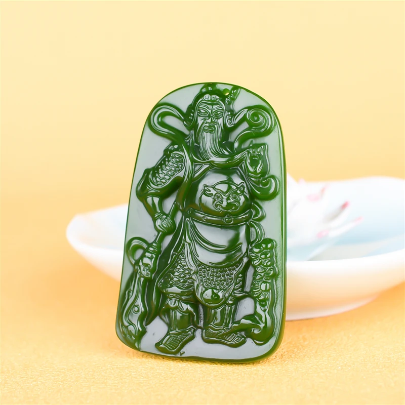 Натуральный зеленый нефрит Guan Yu кулон ожерелье Китайский ручной резной Шарм Jadeite
