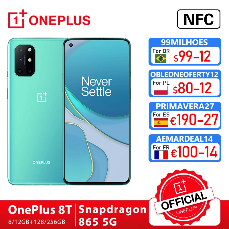 Global Rom OnePlus 8T 8 T OnePlus Official Store 8GB 128GB Snapdragon 865 5G Smartphone 120Hz AMOLED Fluid Screen 48MP Quad 65W