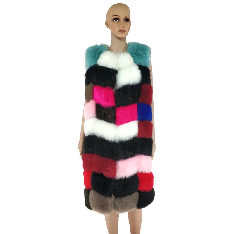 Многоцветный женский жилет из искусственного меха длинный зимний без рукавов