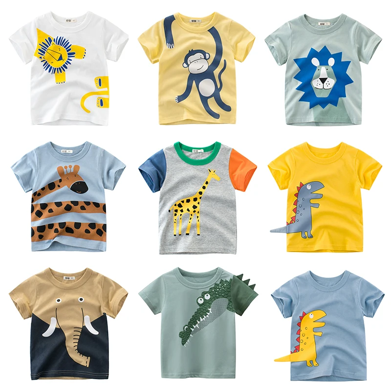 Футболка для мальчиков, хлопок, с мультяшными животными, для маленьких мальчиков и девочек, футболка с принтом акулы, летняя одежда, топы с п...
