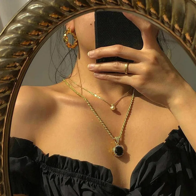 Цепочка Женская двухслойная черная в стиле ретро Хрустальная жемчужная подвеска