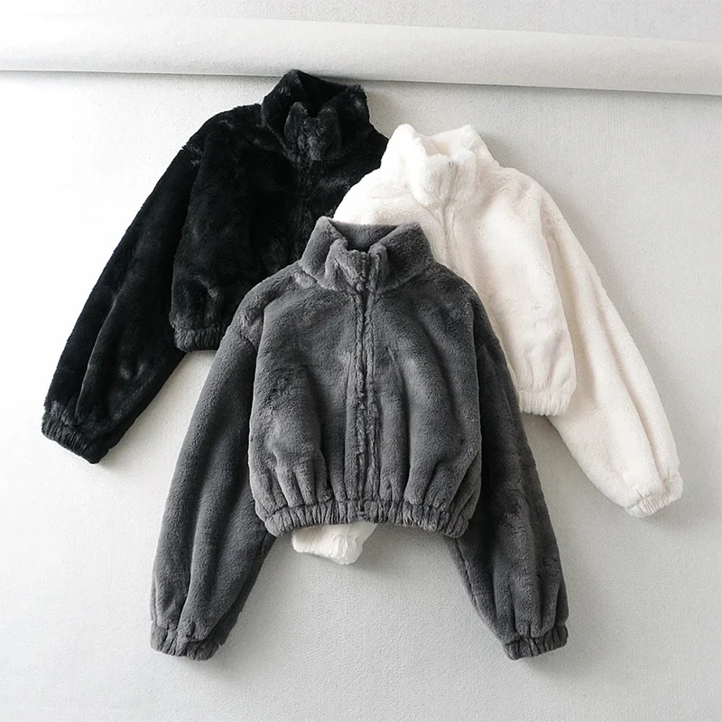 Loose Imitation Fur Furry Coat Women Clothes Autumn Winter Thickening Half Turtleneck Zipper Short Jacket Warm Top Korean Style