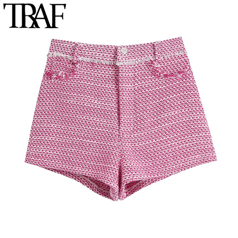 

TRAF Women Fashion With Frayed Trim Tweed Shorts Vintage High Waist Zipper Fly Female Short Pants Mujer
