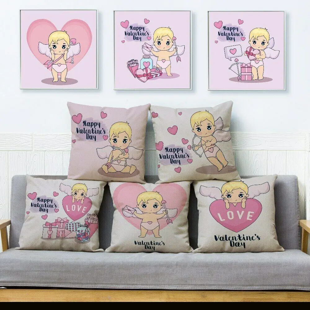 

Cute Cartoon Cupid Cushion Cover Pillow Covers Beige Linen Throw Pillows Decor
