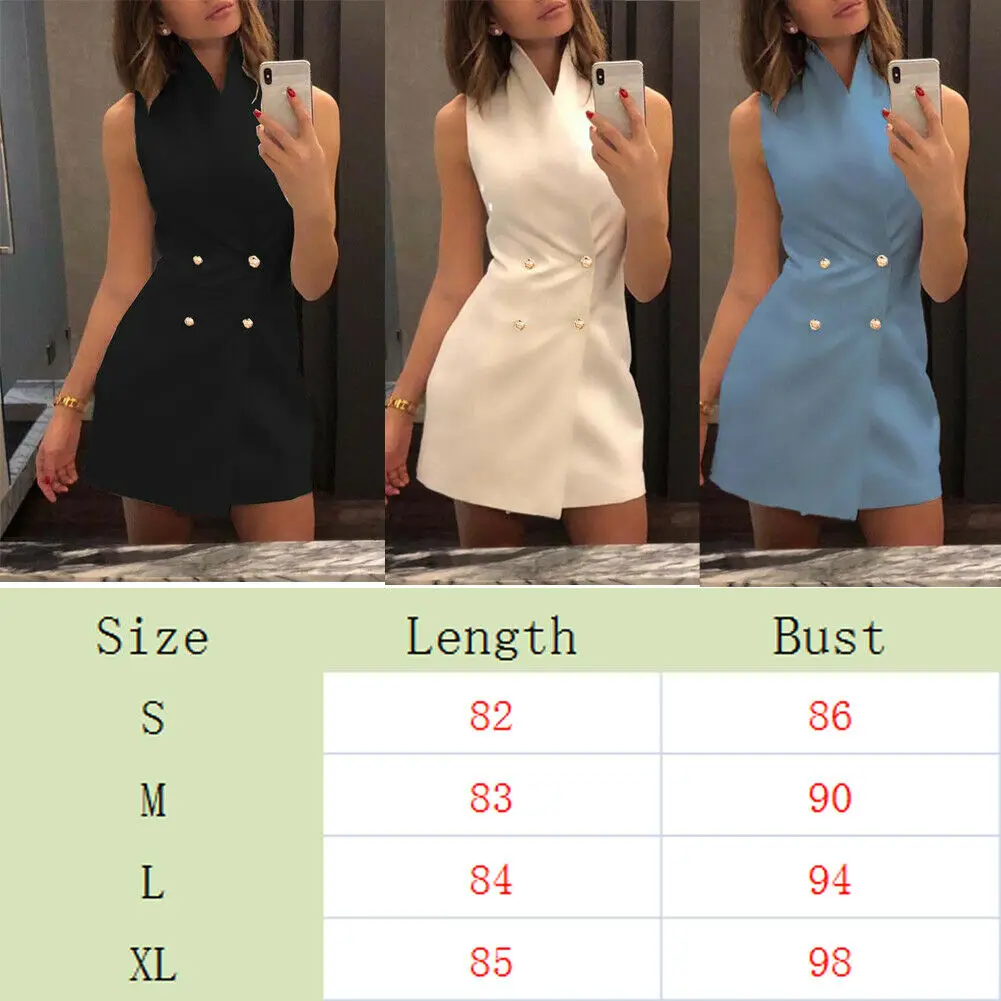 

Women Short Bodycon Collar Blazer Double Breasted Sleeveless Dress Fashion Lady Summer High Waist Work Office Solid Dresses Mini