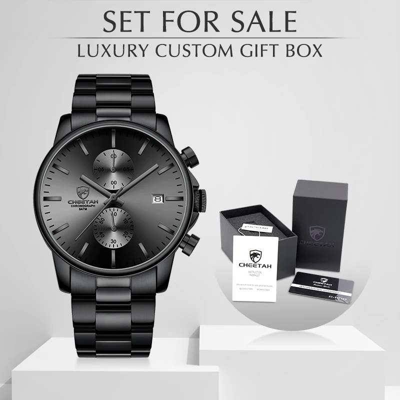 Cheetah Business Black Quartz Watches Mens Waterproof Chronograph Sport Wristwatch Date Male Clock