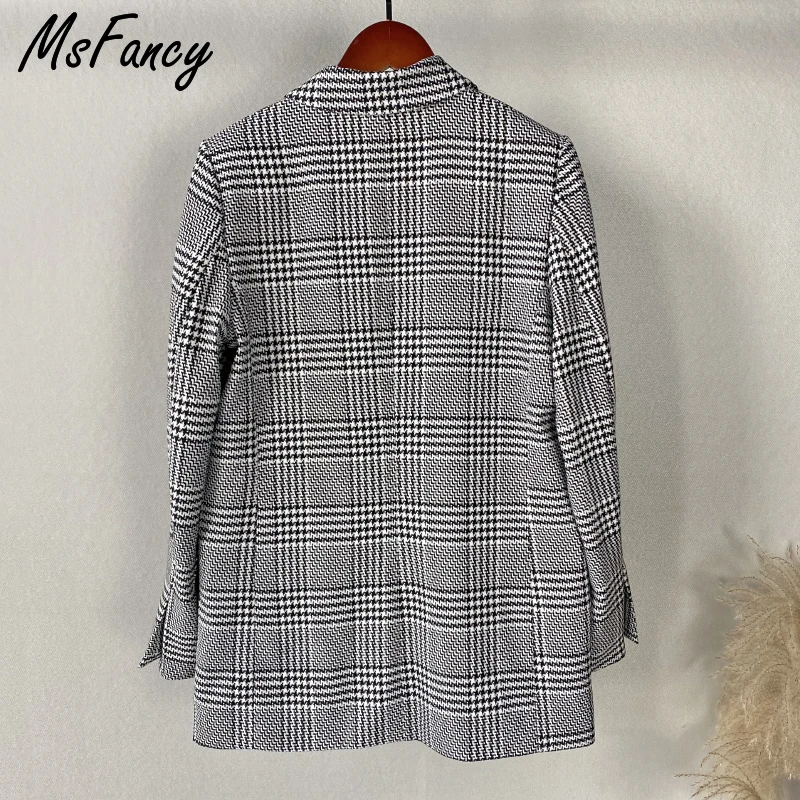 Msfancy клетчатый блейзер для женщин двубортный пиджак Для 2021 негабаритных Винтаж