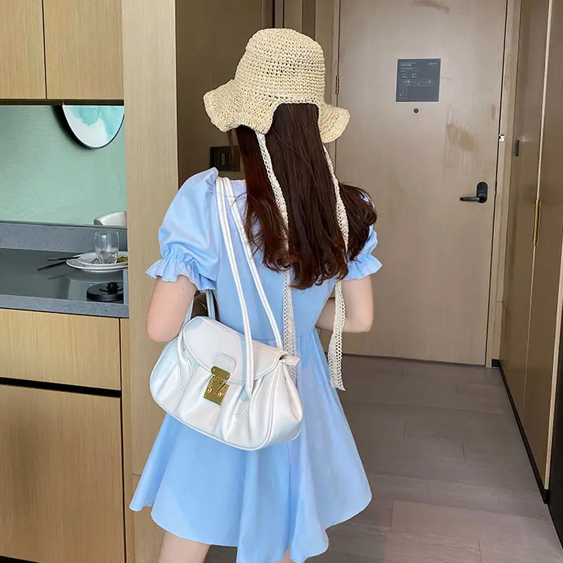 

Bow Design Kawaii Vingate Dress Women Puff Sleeve Elegant Mini Dress Party One Piece Dress Korean Office Lady 2021 Summer Casual